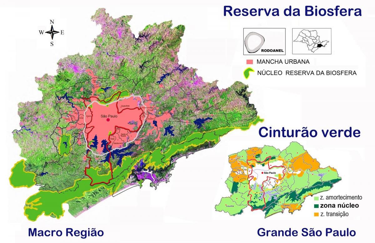 Kaart van die biosfeerreservaat van die groen gordel van São Paulo