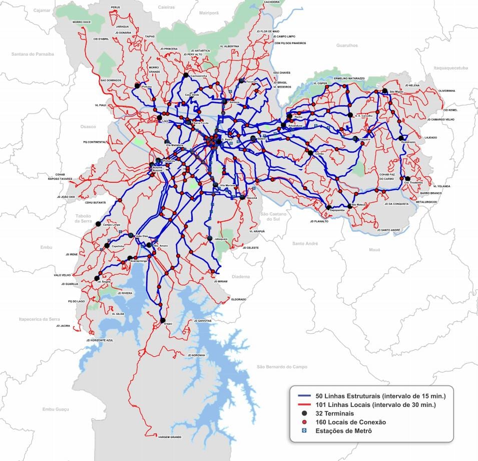 Kaart van die terminale bus van die Staat van São Paulo